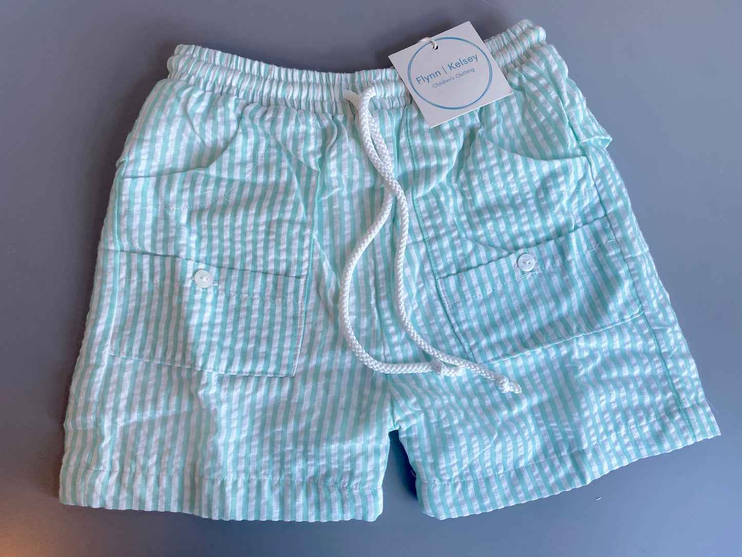 Mint Seersucker Swim Trunks