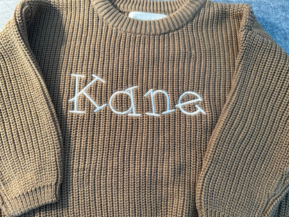 Custom Name Dark Khaki Knit Sweater