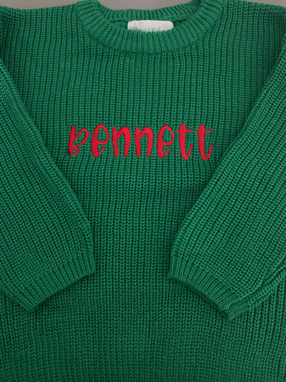 Custom Name Christmas Green Knit Sweater