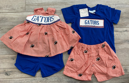 Blue & Orange Smocked Girl Set